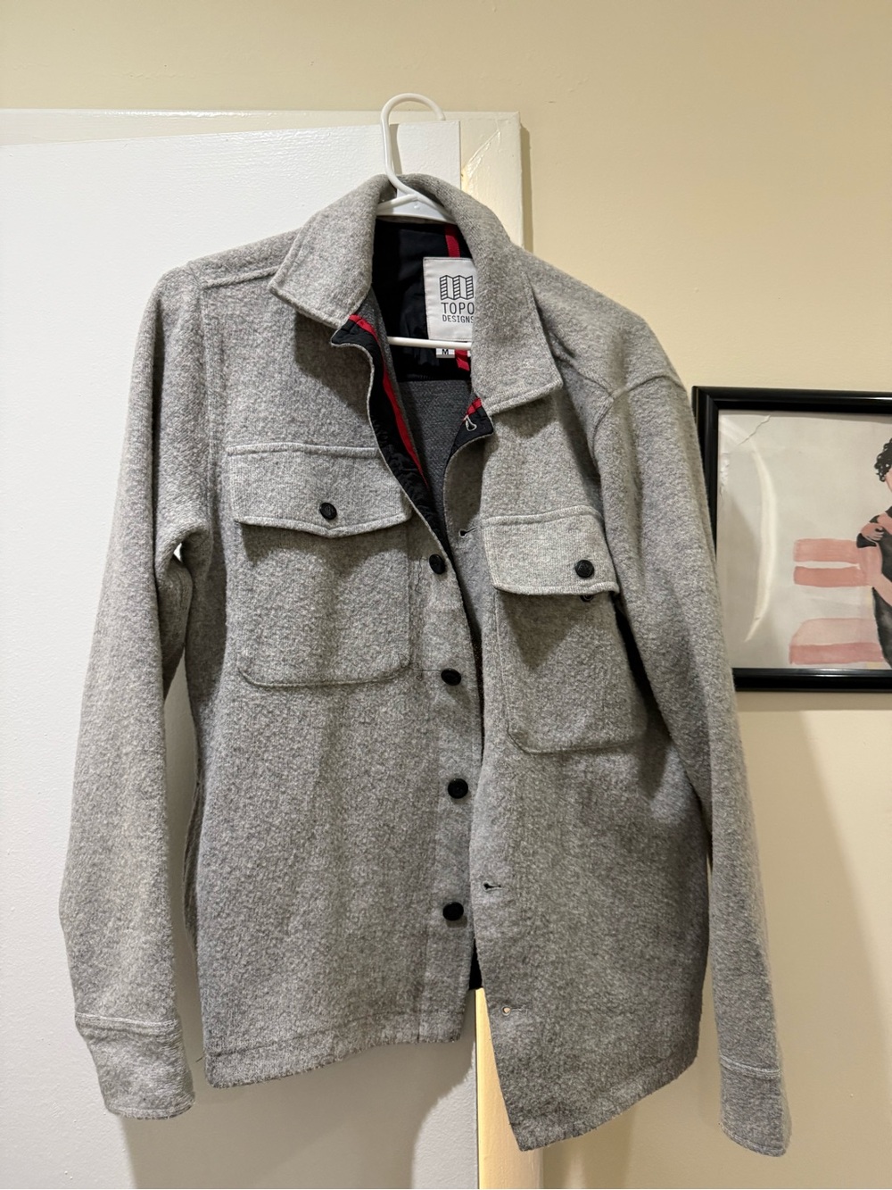 Men’s Topo Designs Light Gray Wool-Blend Shacket with Red Trim, size M